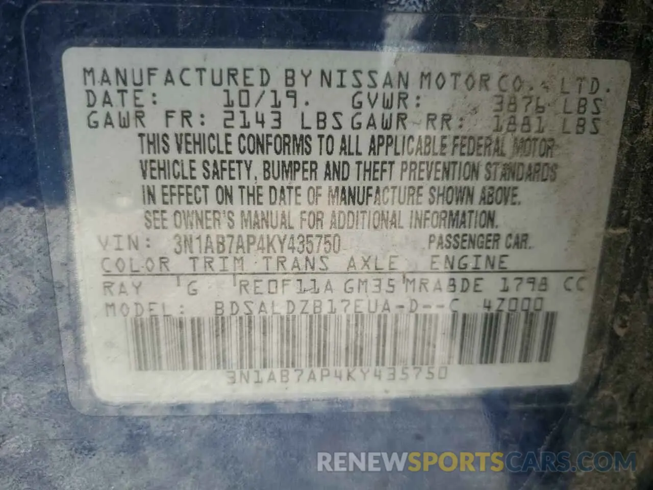 13 Photograph of a damaged car 3N1AB7AP4KY435750 NISSAN SENTRA 2019