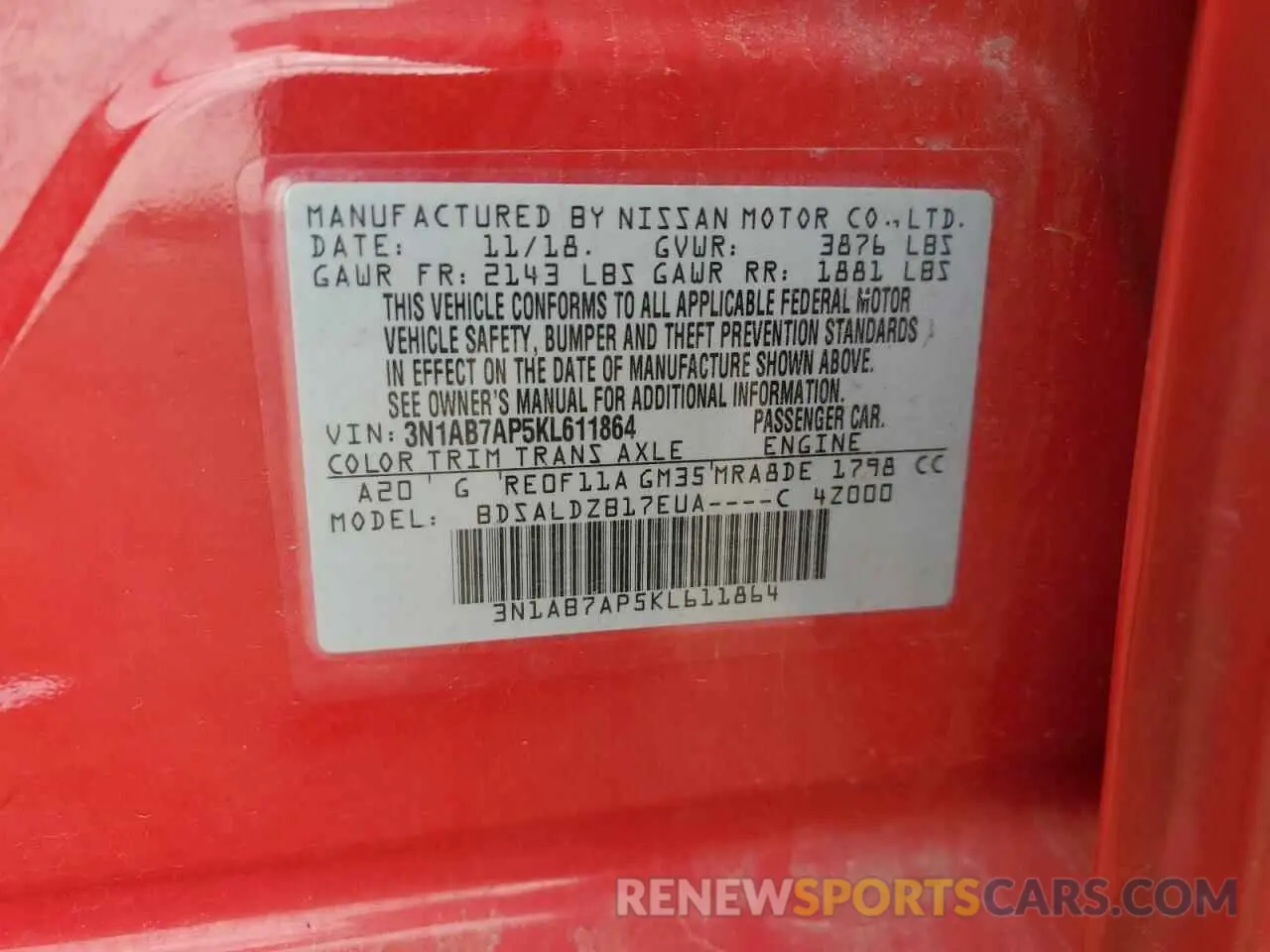 12 Photograph of a damaged car 3N1AB7AP5KL611864 NISSAN SENTRA 2019