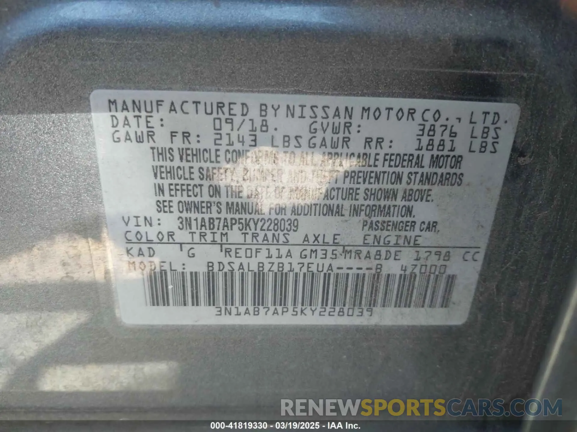 9 Photograph of a damaged car 3N1AB7AP5KY228039 NISSAN SENTRA 2019