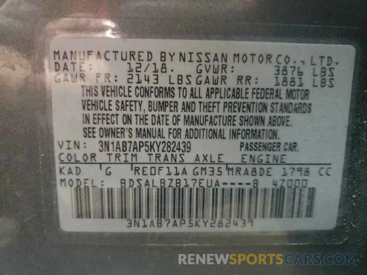12 Photograph of a damaged car 3N1AB7AP5KY282439 NISSAN SENTRA 2019