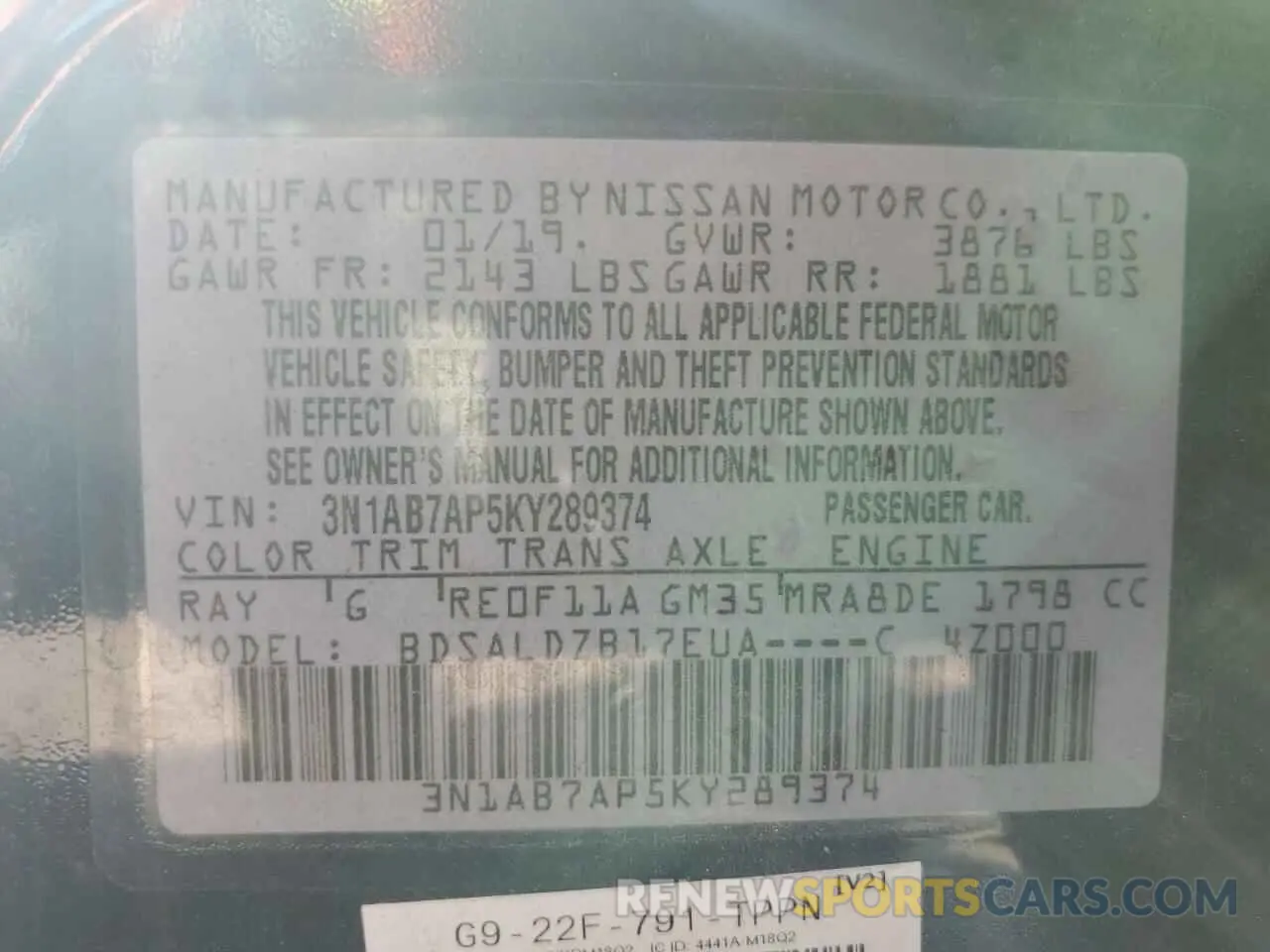 12 Photograph of a damaged car 3N1AB7AP5KY289374 NISSAN SENTRA 2019