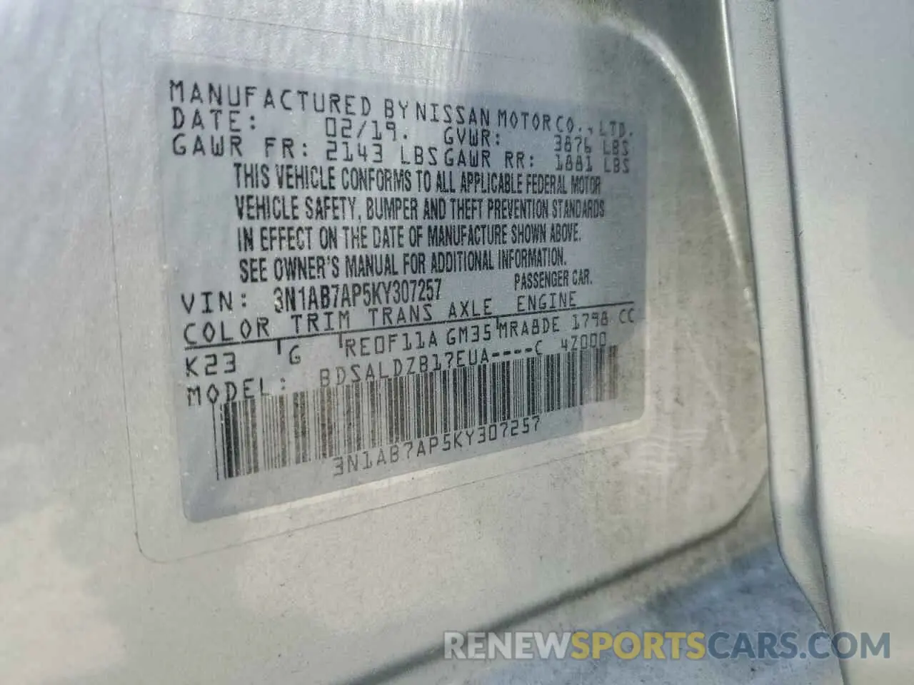 12 Photograph of a damaged car 3N1AB7AP5KY307257 NISSAN SENTRA 2019