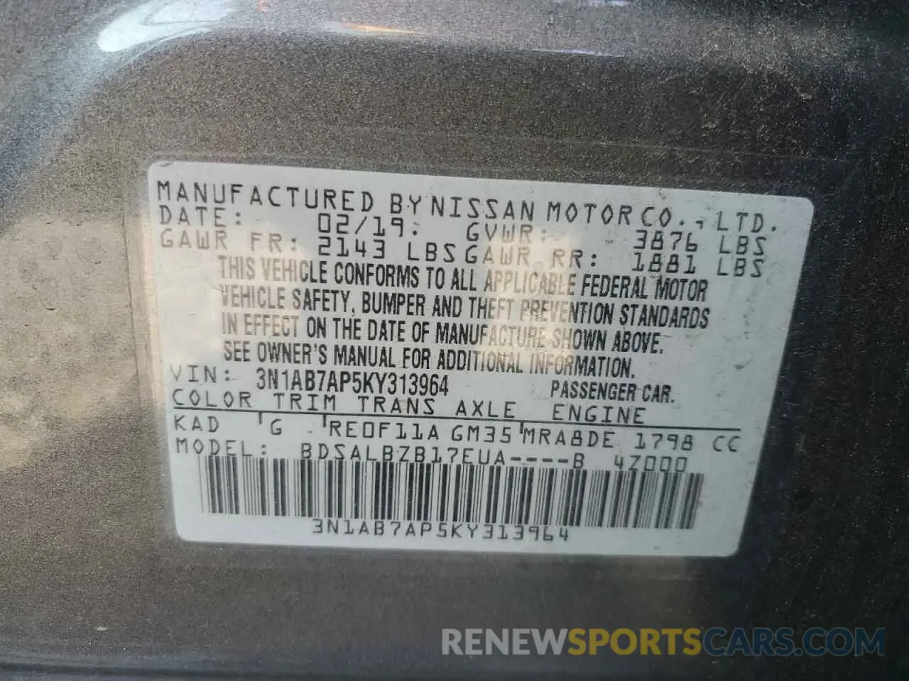 12 Photograph of a damaged car 3N1AB7AP5KY313964 NISSAN SENTRA 2019