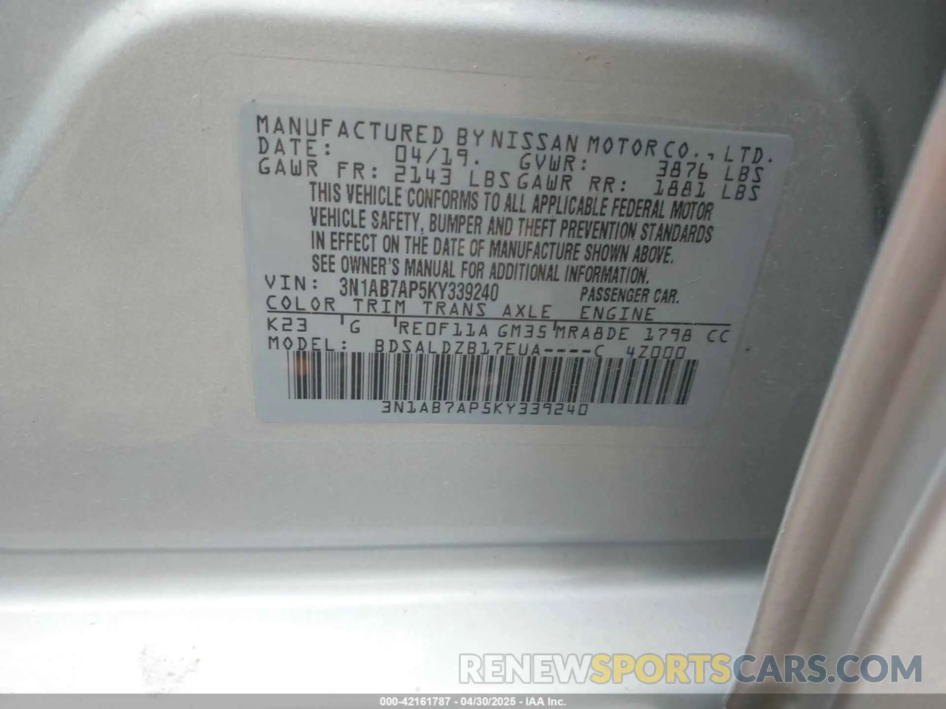 9 Photograph of a damaged car 3N1AB7AP5KY339240 NISSAN SENTRA 2019