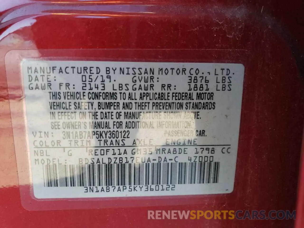 13 Photograph of a damaged car 3N1AB7AP5KY360122 NISSAN SENTRA 2019