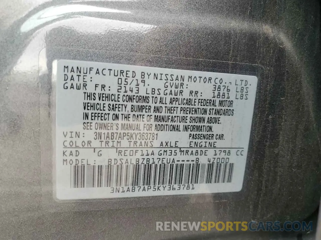 12 Photograph of a damaged car 3N1AB7AP5KY363781 NISSAN SENTRA 2019