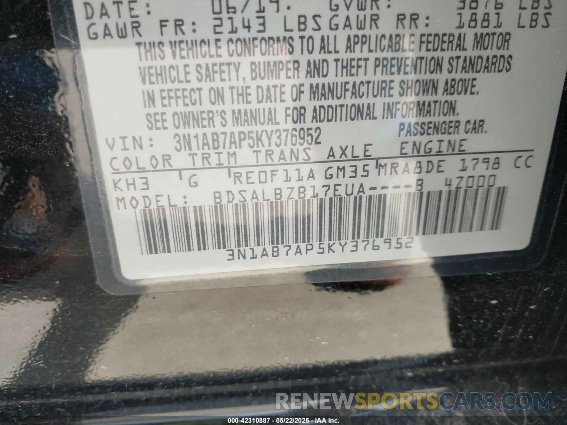 9 Photograph of a damaged car 3N1AB7AP5KY376952 NISSAN SENTRA 2019