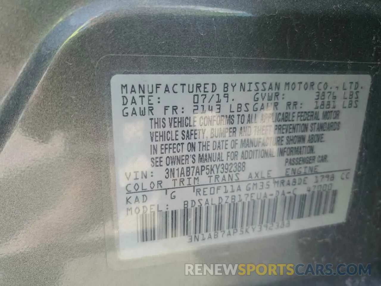 12 Photograph of a damaged car 3N1AB7AP5KY392388 NISSAN SENTRA 2019