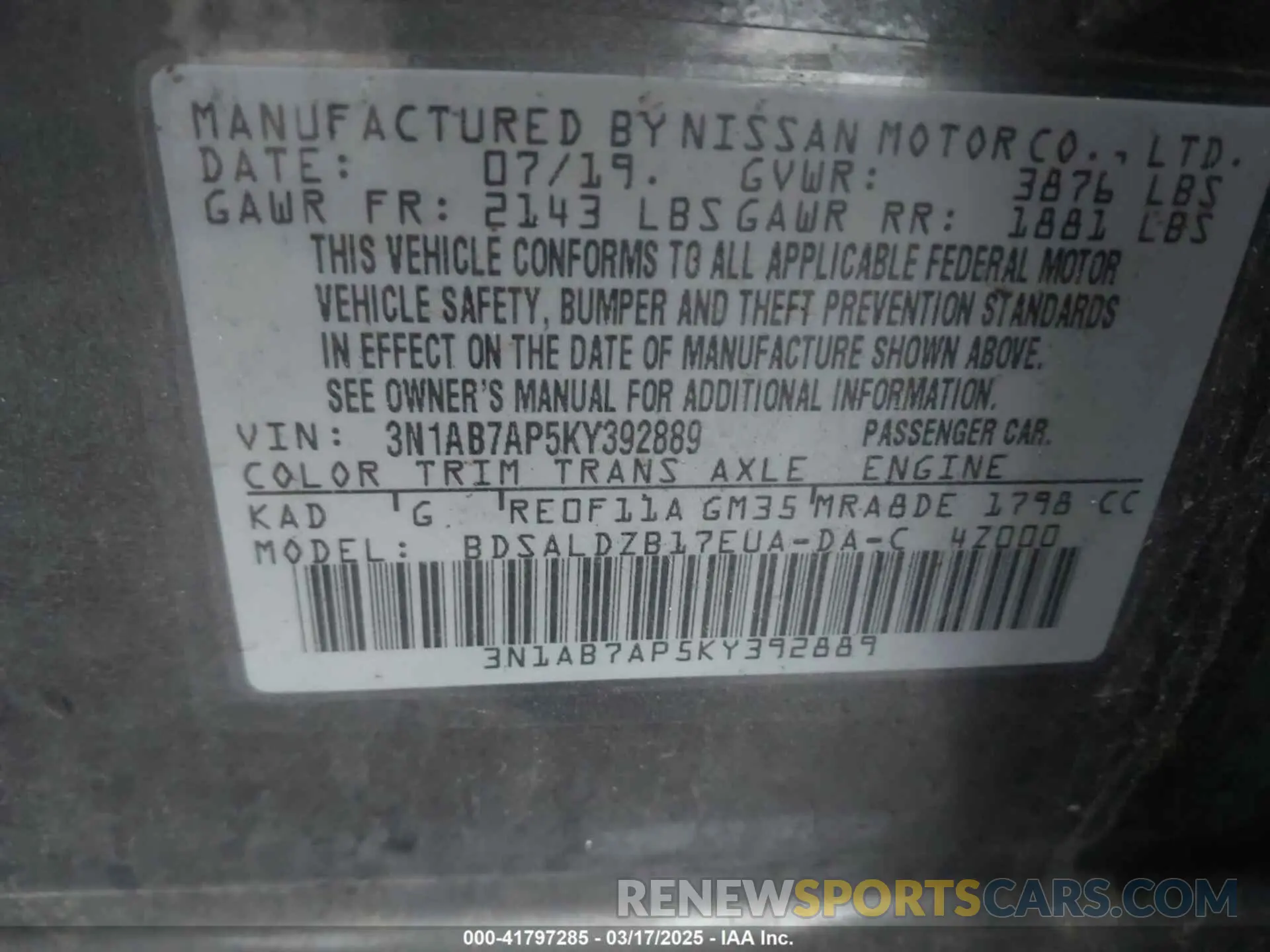 9 Photograph of a damaged car 3N1AB7AP5KY392889 NISSAN SENTRA 2019