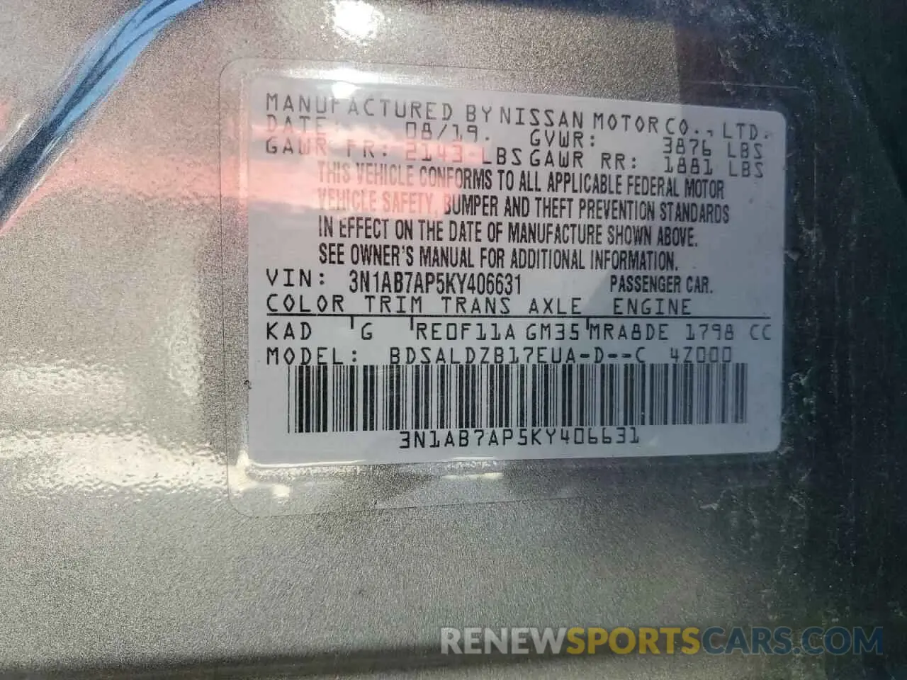 12 Photograph of a damaged car 3N1AB7AP5KY406631 NISSAN SENTRA 2019