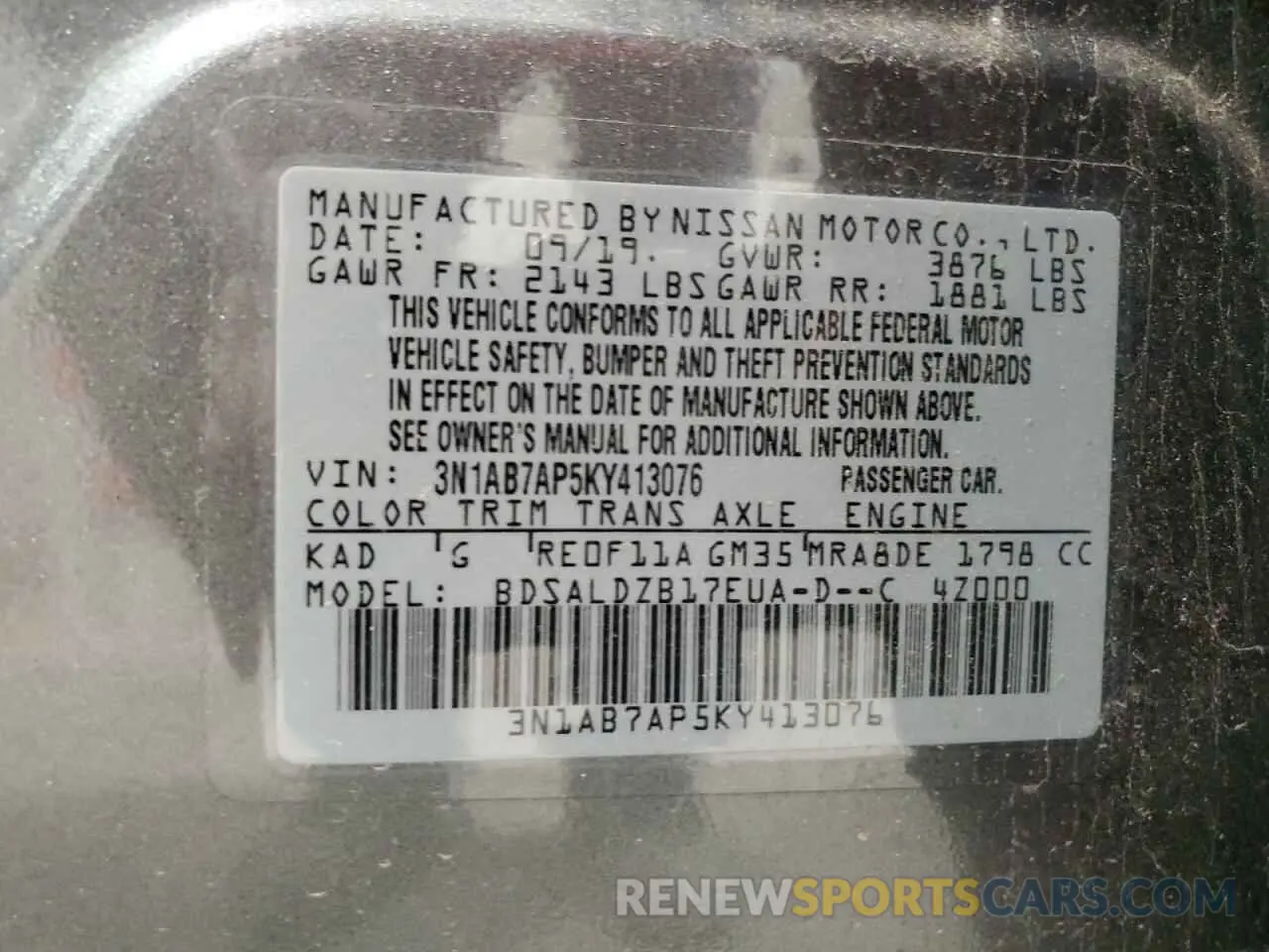 12 Photograph of a damaged car 3N1AB7AP5KY413076 NISSAN SENTRA 2019