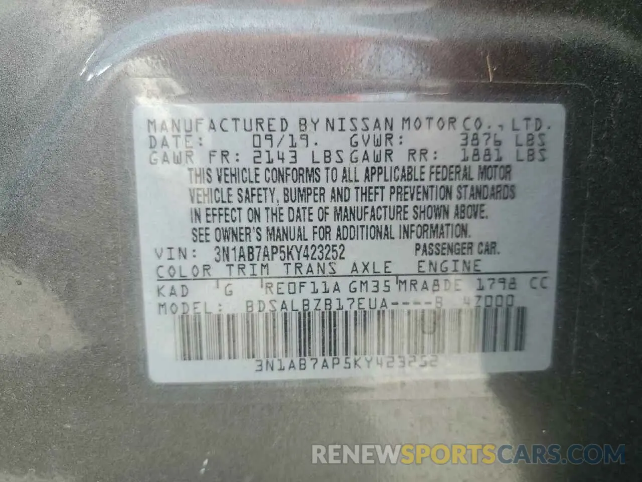 13 Photograph of a damaged car 3N1AB7AP5KY423252 NISSAN SENTRA 2019