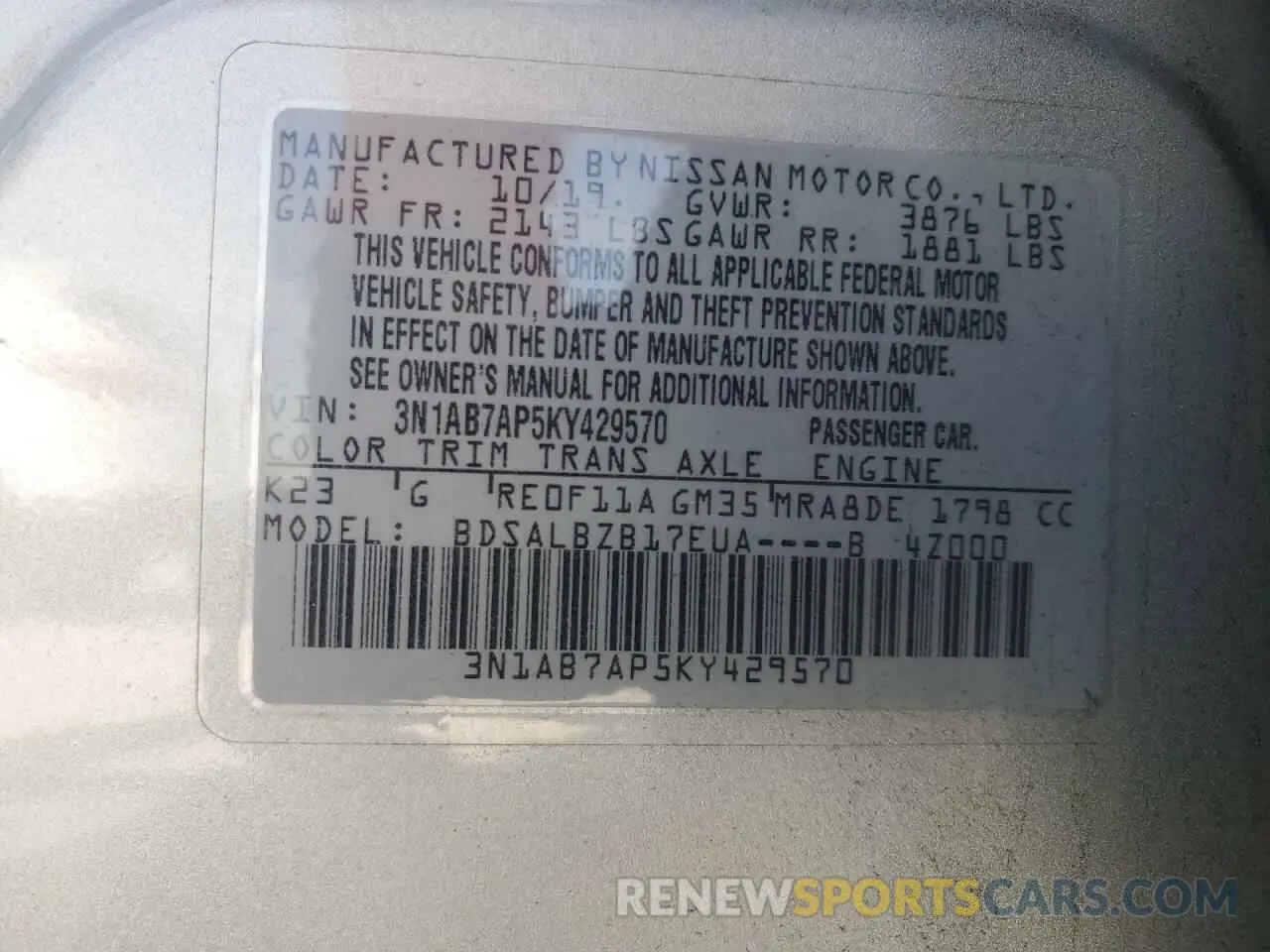 13 Photograph of a damaged car 3N1AB7AP5KY429570 NISSAN SENTRA 2019
