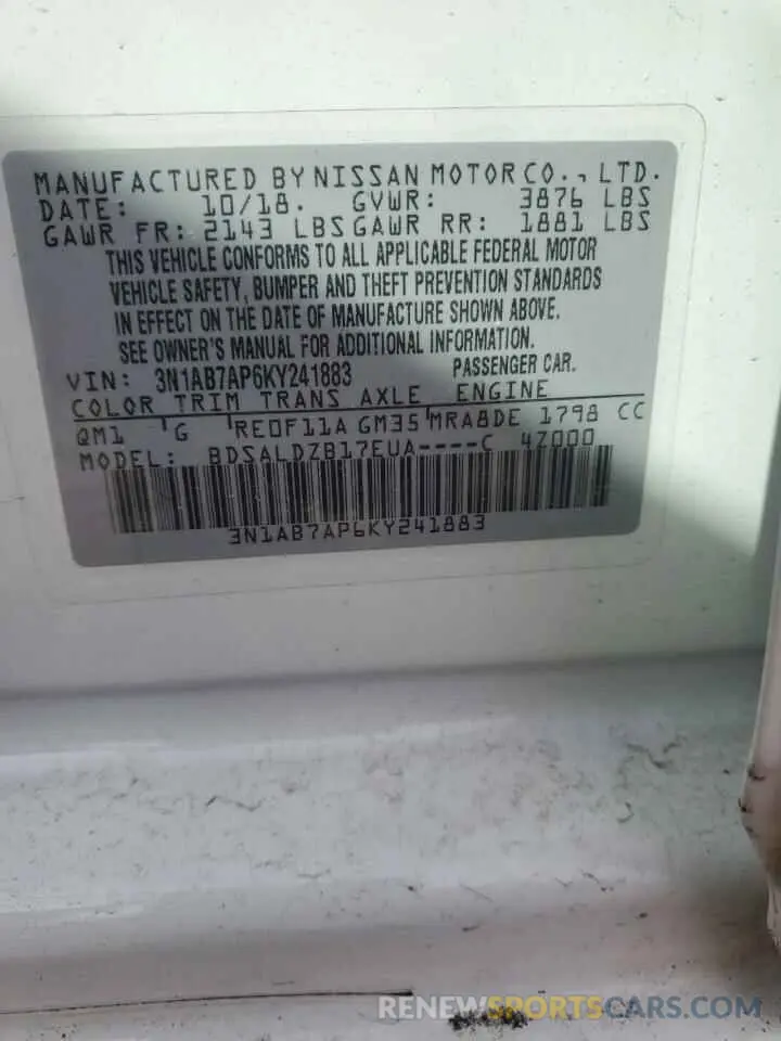 12 Photograph of a damaged car 3N1AB7AP6KY241883 NISSAN SENTRA 2019