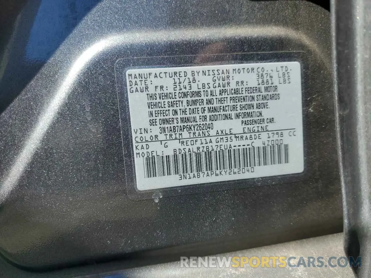 12 Photograph of a damaged car 3N1AB7AP6KY262040 NISSAN SENTRA 2019