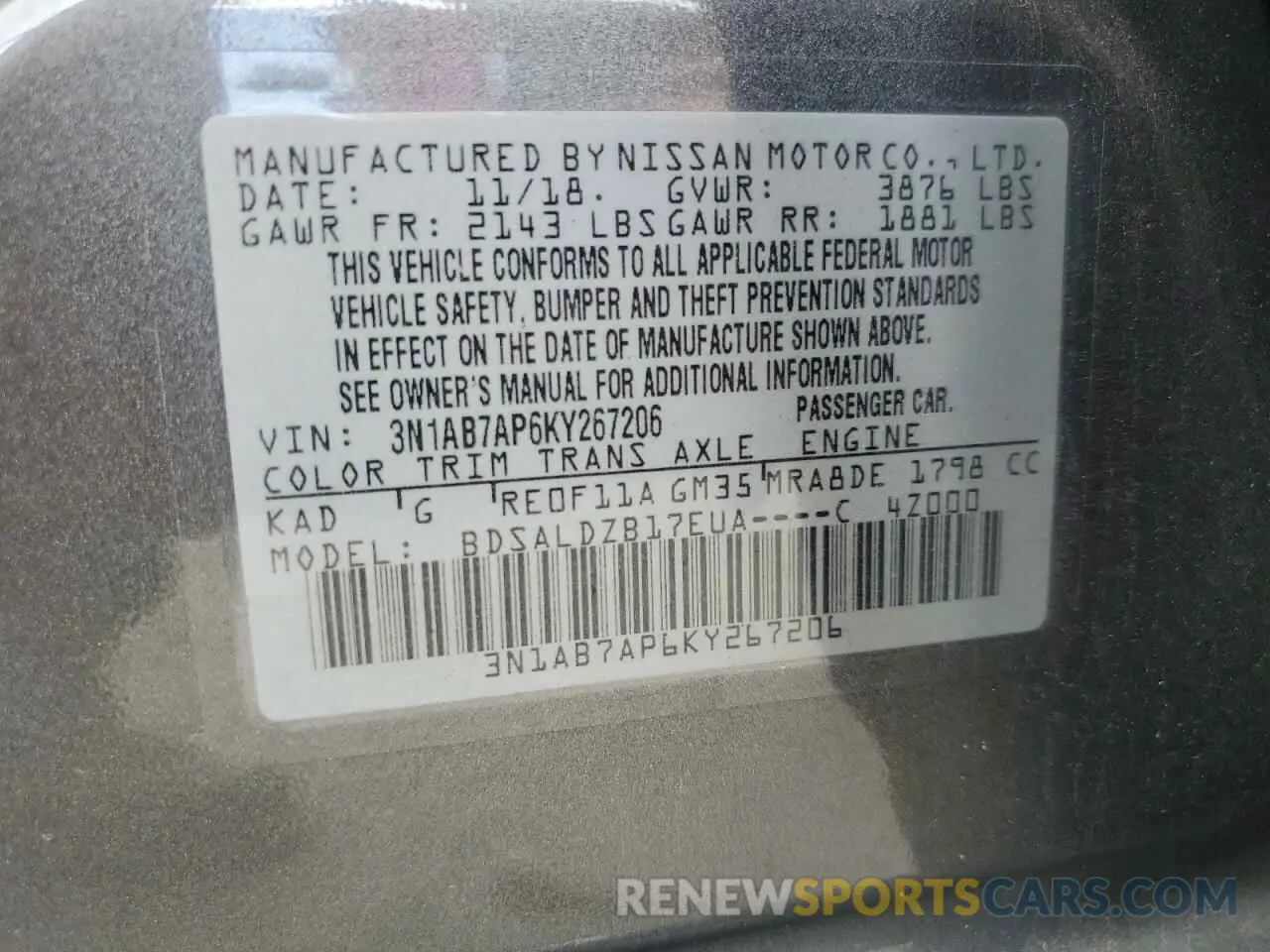 13 Photograph of a damaged car 3N1AB7AP6KY267206 NISSAN SENTRA 2019