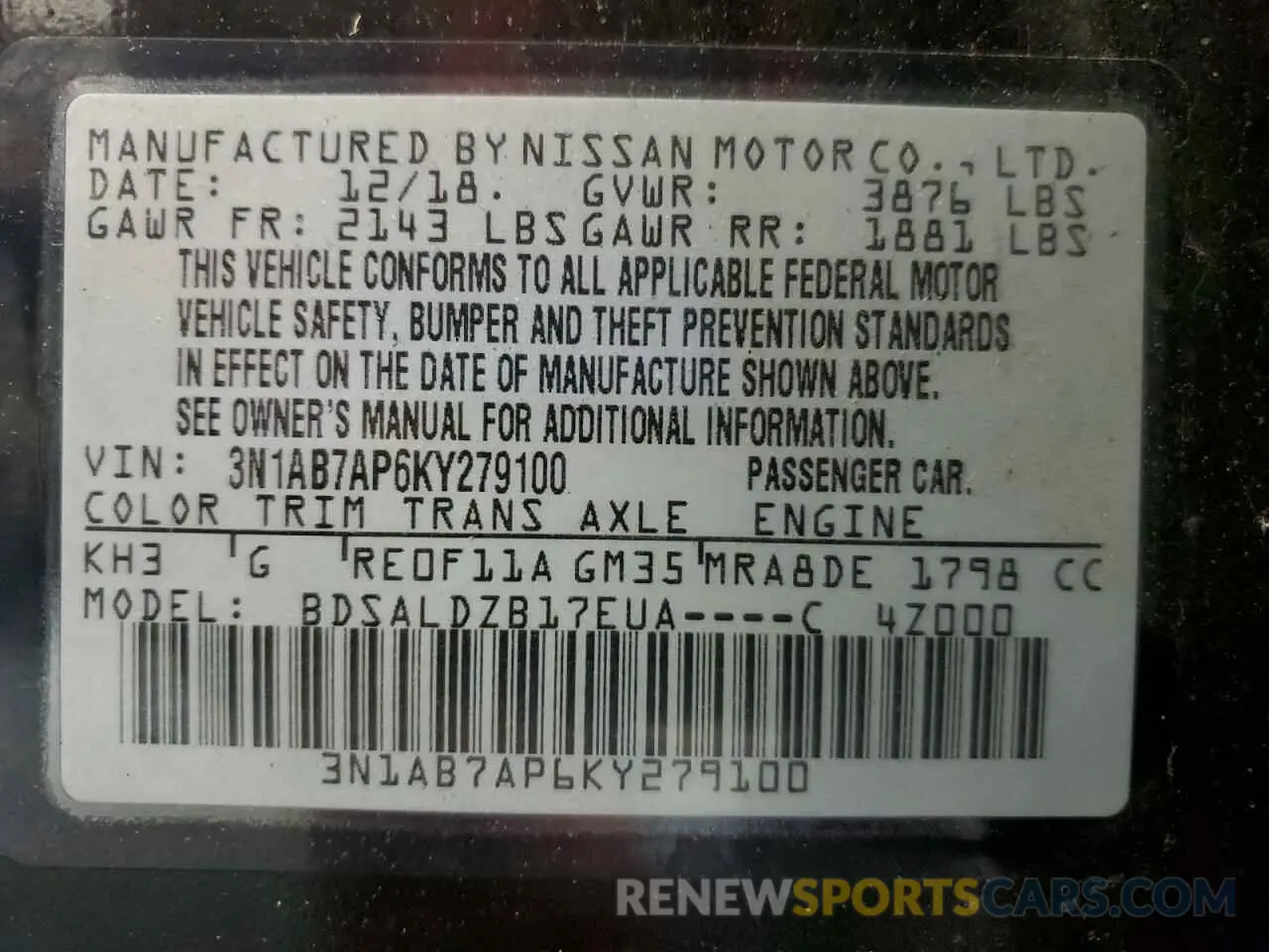 12 Photograph of a damaged car 3N1AB7AP6KY279100 NISSAN SENTRA 2019