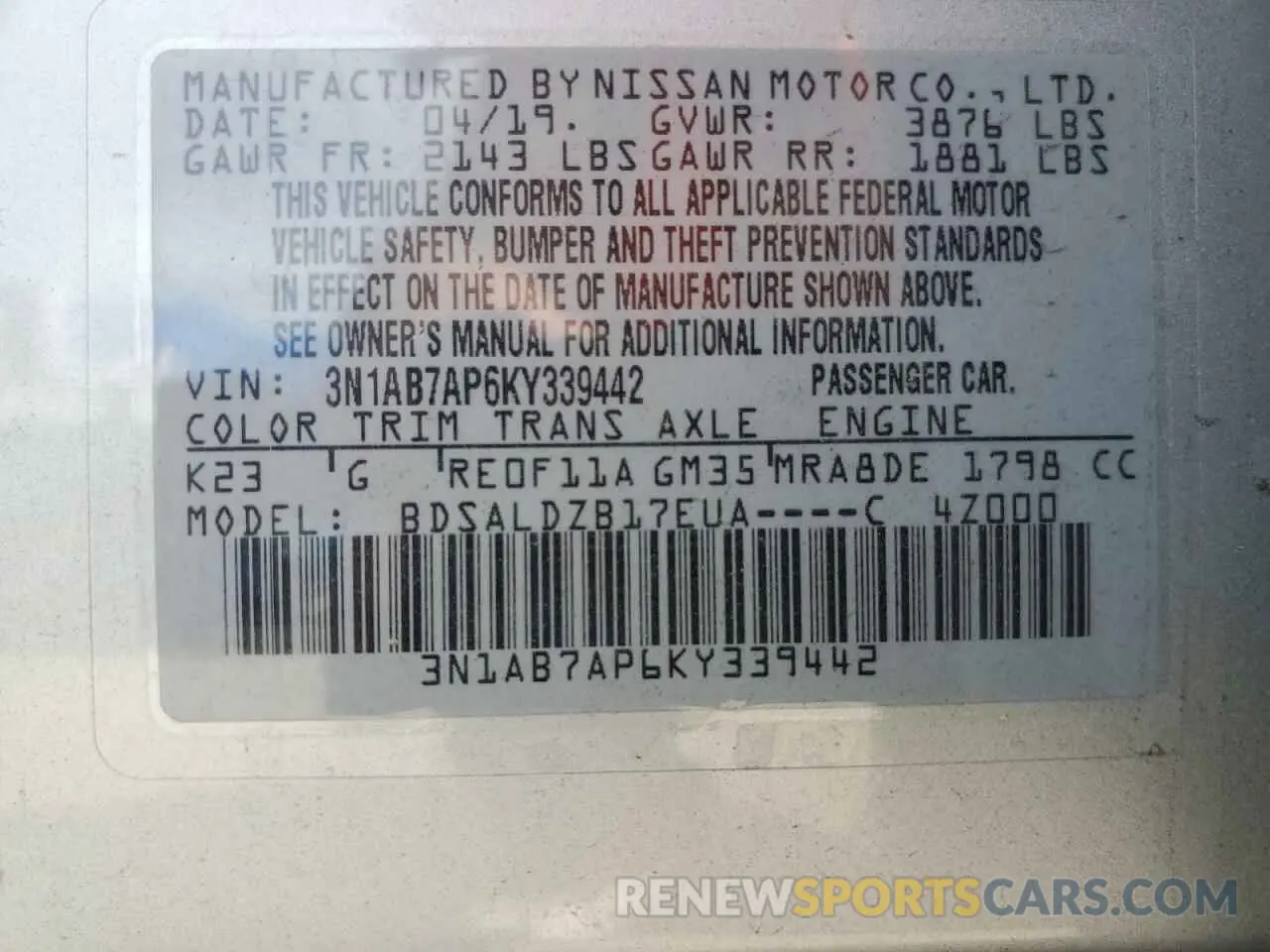 12 Photograph of a damaged car 3N1AB7AP6KY339442 NISSAN SENTRA 2019