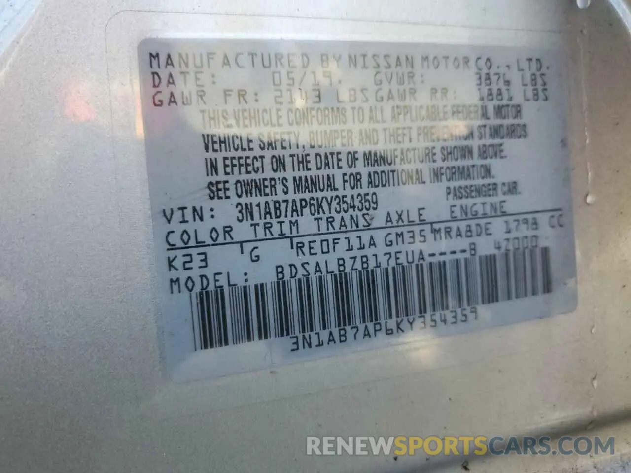 15 Photograph of a damaged car 3N1AB7AP6KY354359 NISSAN SENTRA 2019