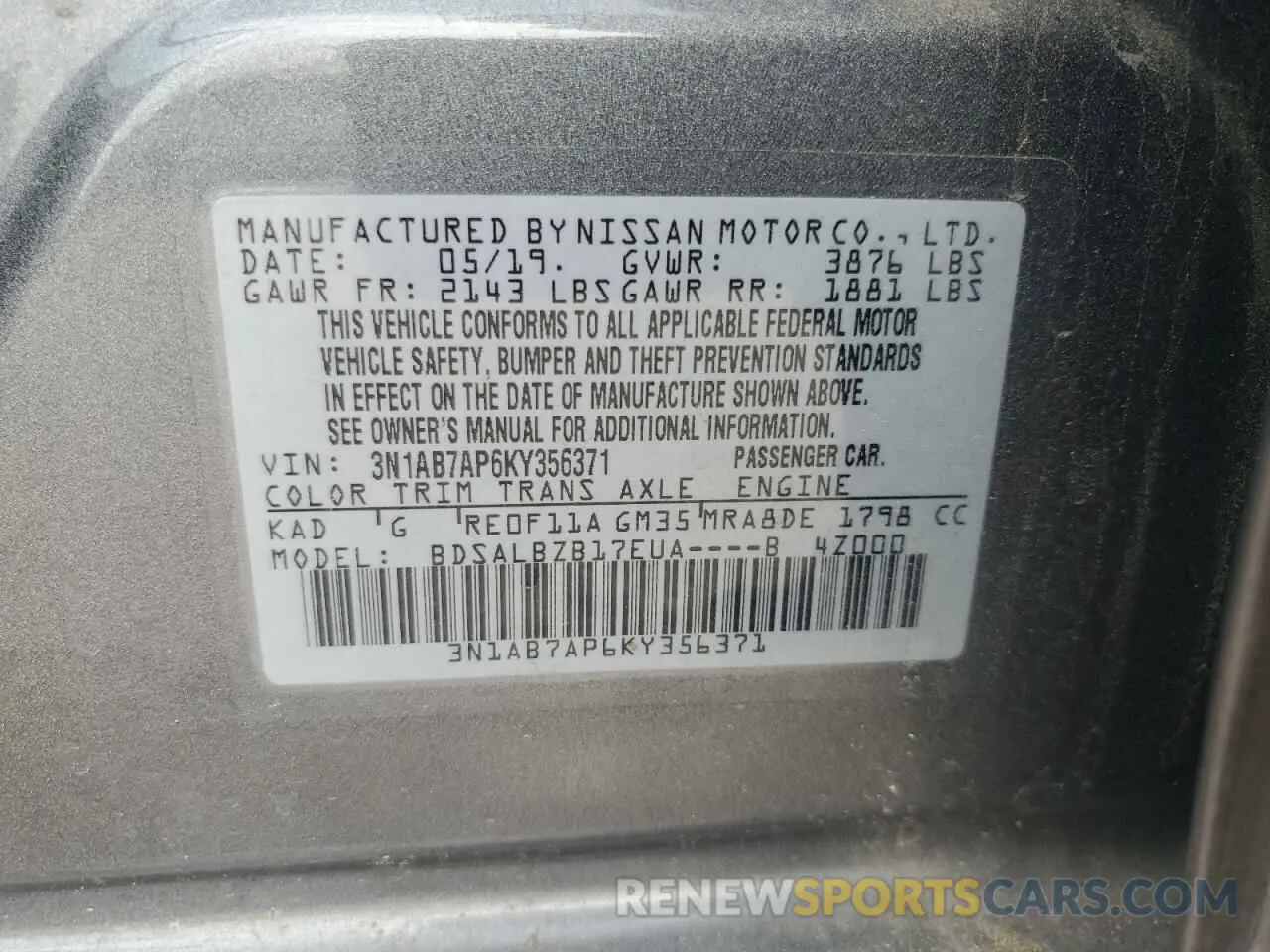 12 Photograph of a damaged car 3N1AB7AP6KY356371 NISSAN SENTRA 2019