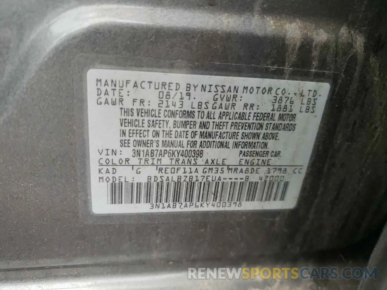 12 Photograph of a damaged car 3N1AB7AP6KY400398 NISSAN SENTRA 2019