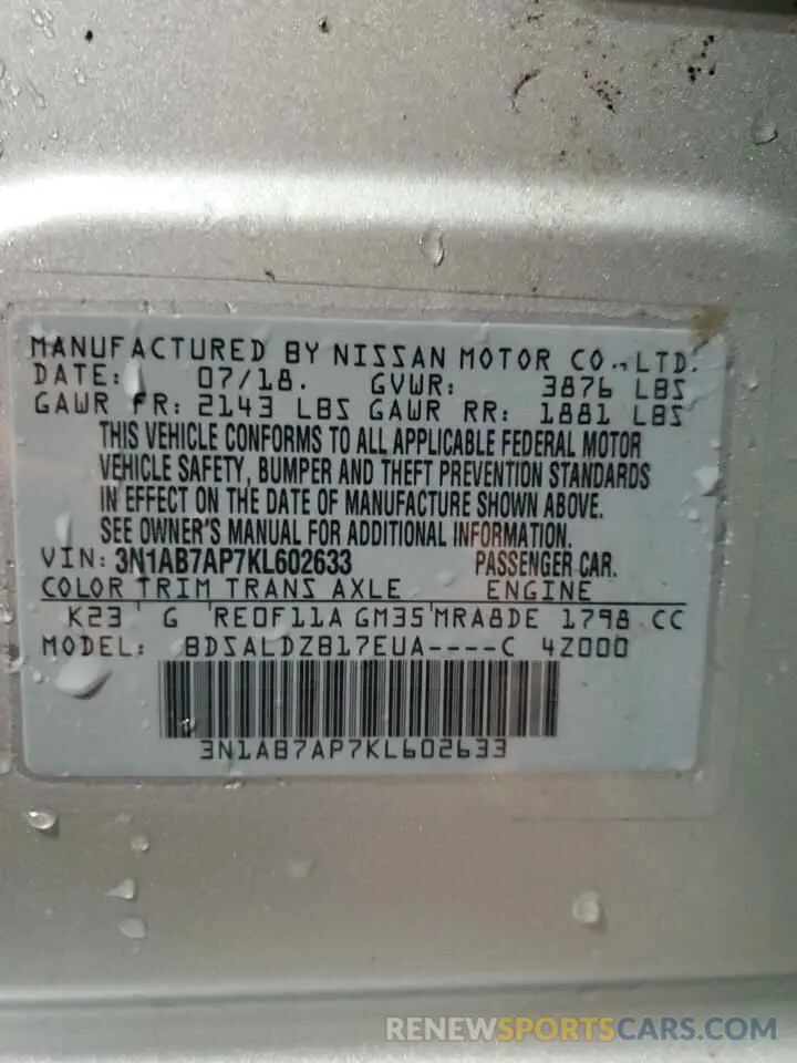 13 Photograph of a damaged car 3N1AB7AP7KL602633 NISSAN SENTRA 2019
