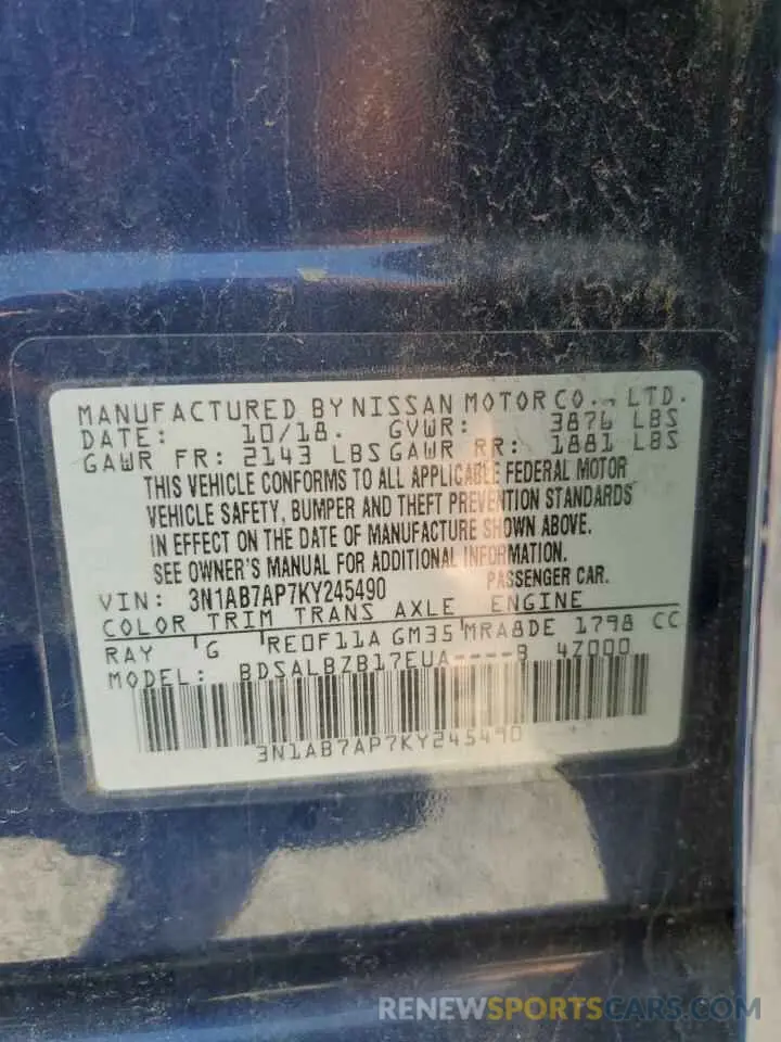 12 Photograph of a damaged car 3N1AB7AP7KY245490 NISSAN SENTRA 2019