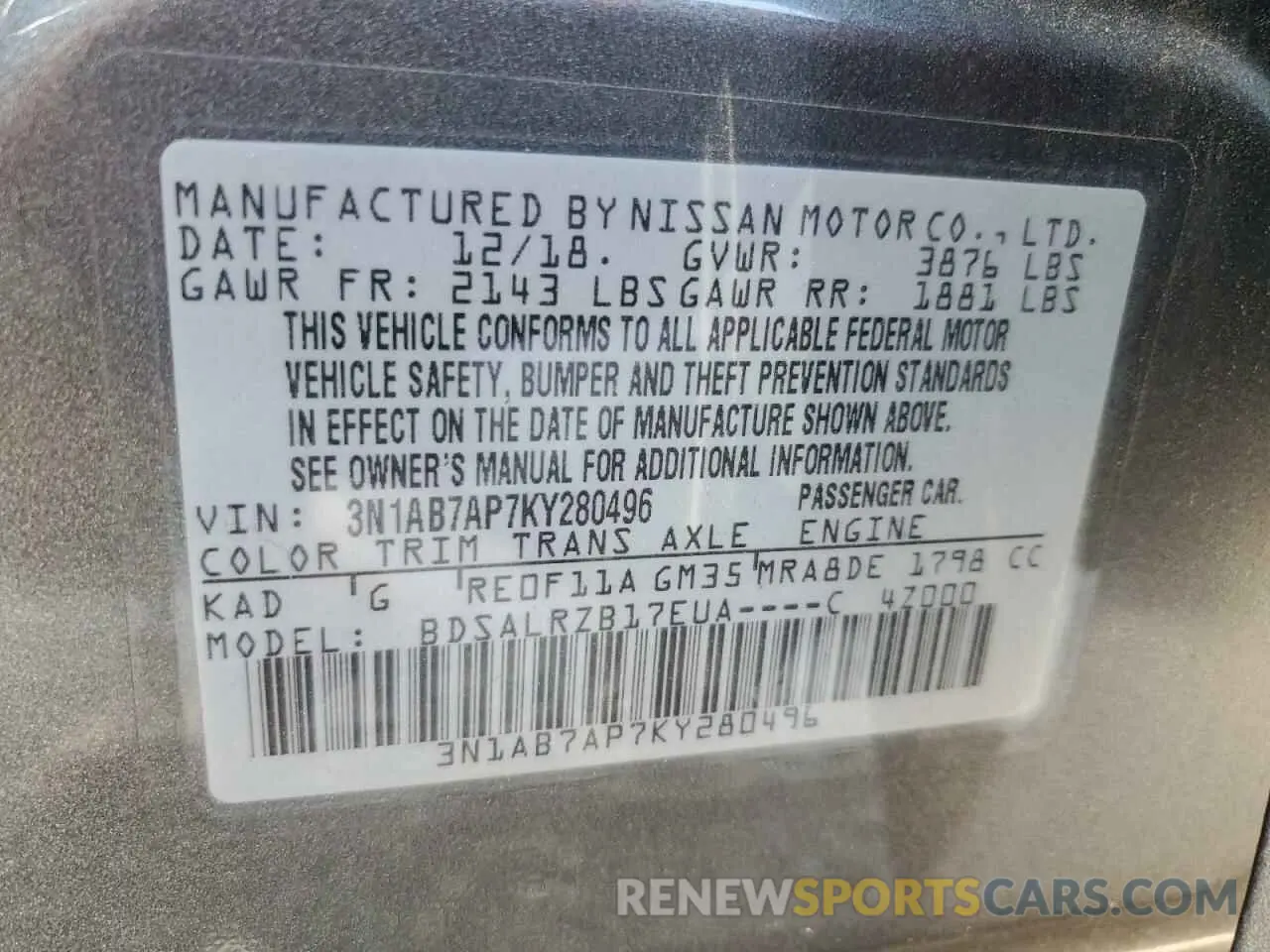 12 Photograph of a damaged car 3N1AB7AP7KY280496 NISSAN SENTRA 2019