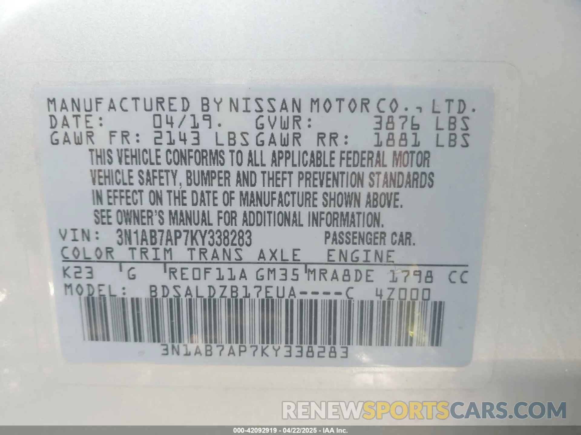 9 Photograph of a damaged car 3N1AB7AP7KY338283 NISSAN SENTRA 2019