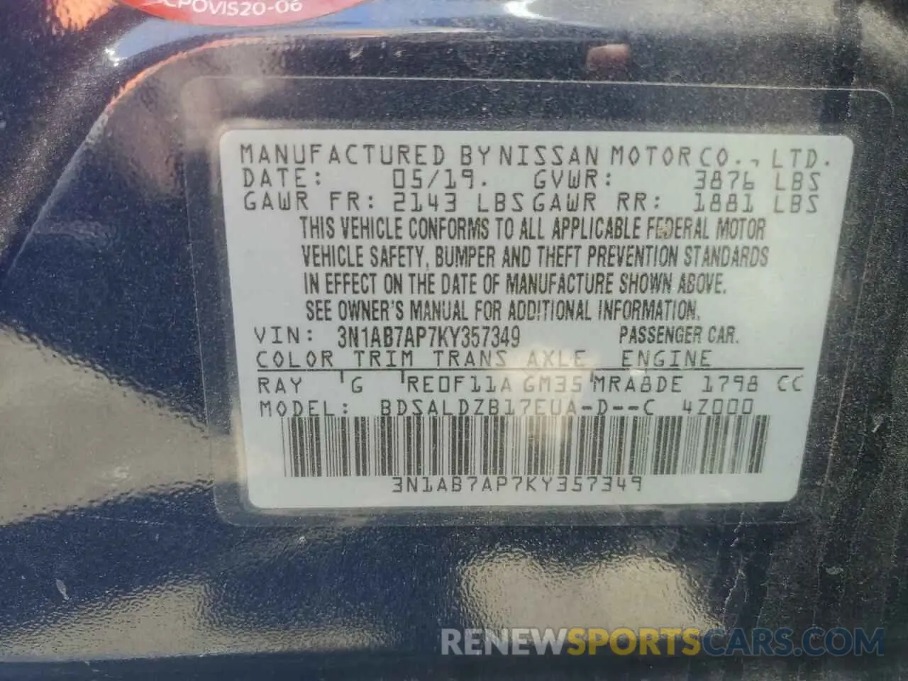 12 Photograph of a damaged car 3N1AB7AP7KY357349 NISSAN SENTRA 2019