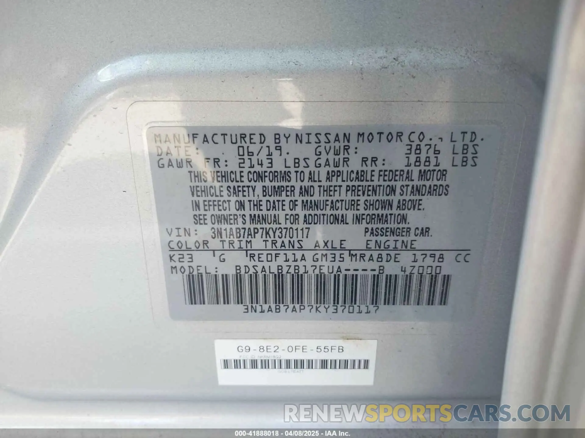 9 Photograph of a damaged car 3N1AB7AP7KY370117 NISSAN SENTRA 2019