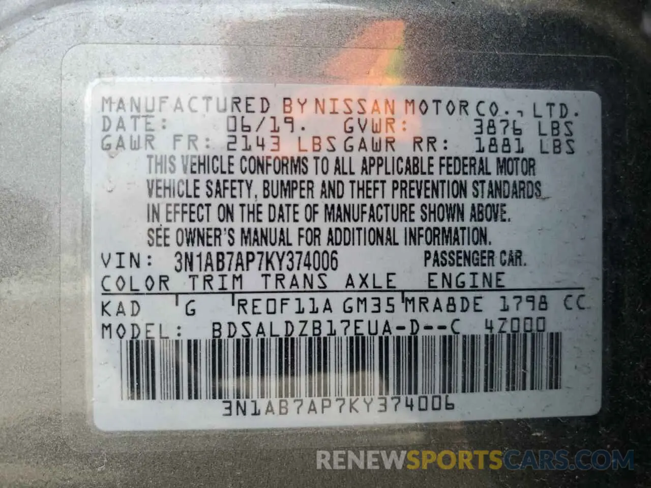 12 Photograph of a damaged car 3N1AB7AP7KY374006 NISSAN SENTRA 2019