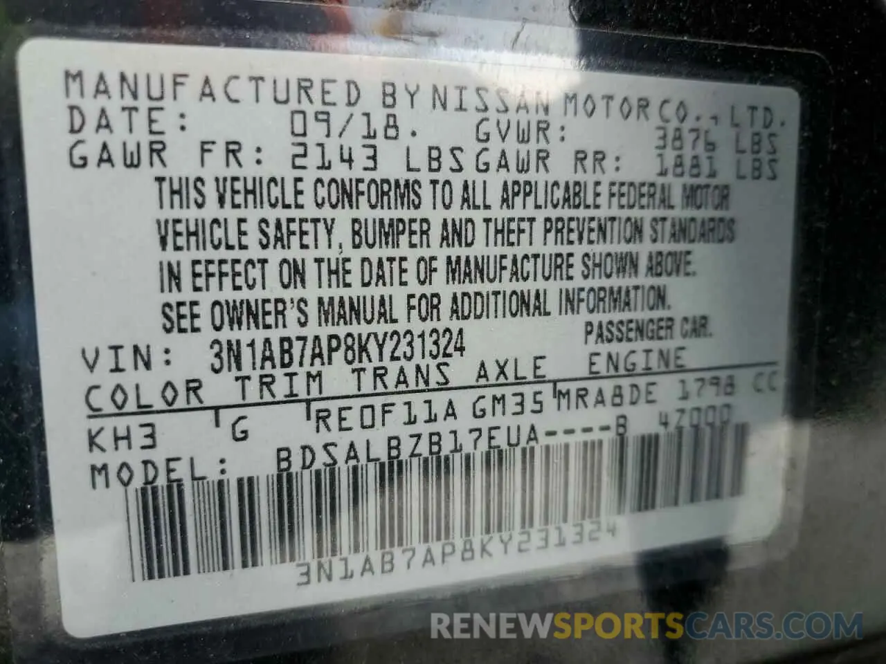 13 Photograph of a damaged car 3N1AB7AP8KY231324 NISSAN SENTRA 2019