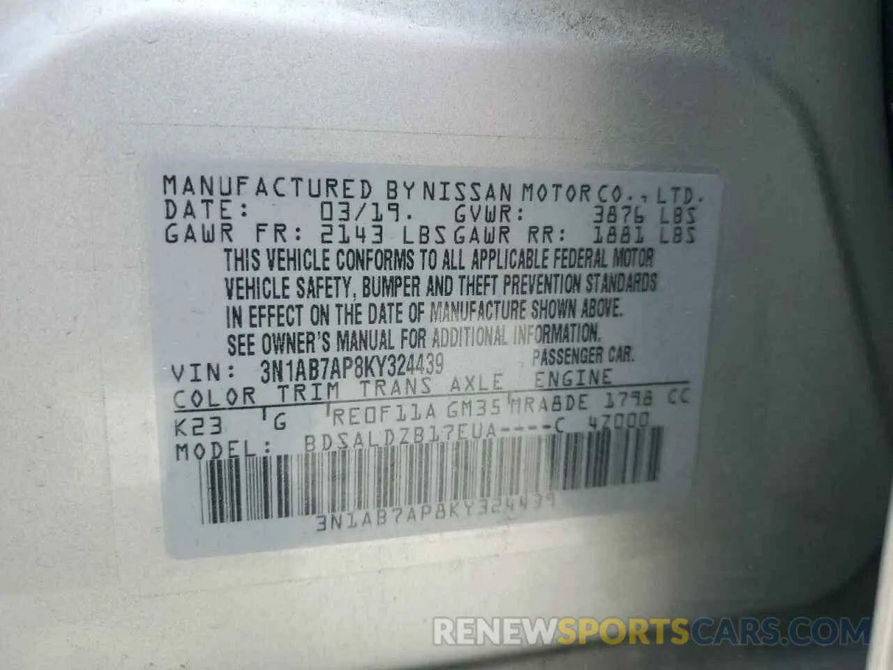 12 Photograph of a damaged car 3N1AB7AP8KY324439 NISSAN SENTRA 2019