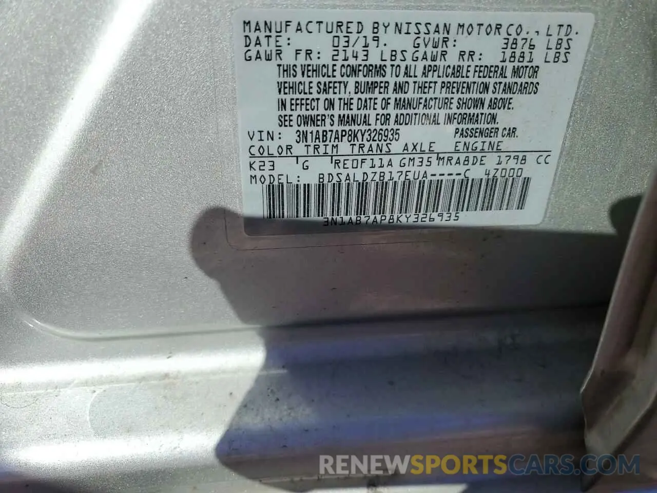 12 Photograph of a damaged car 3N1AB7AP8KY326935 NISSAN SENTRA 2019