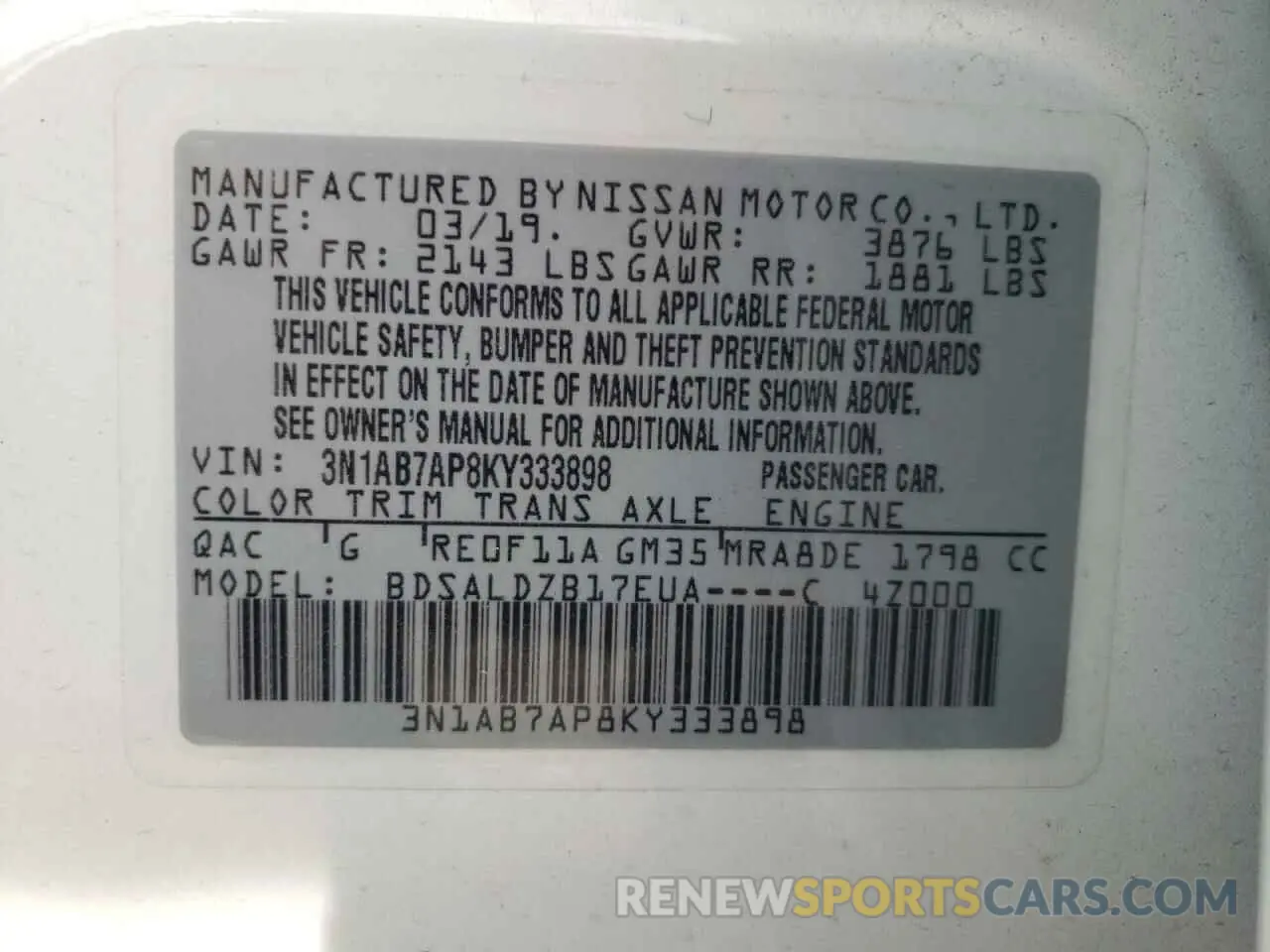 12 Photograph of a damaged car 3N1AB7AP8KY333898 NISSAN SENTRA 2019