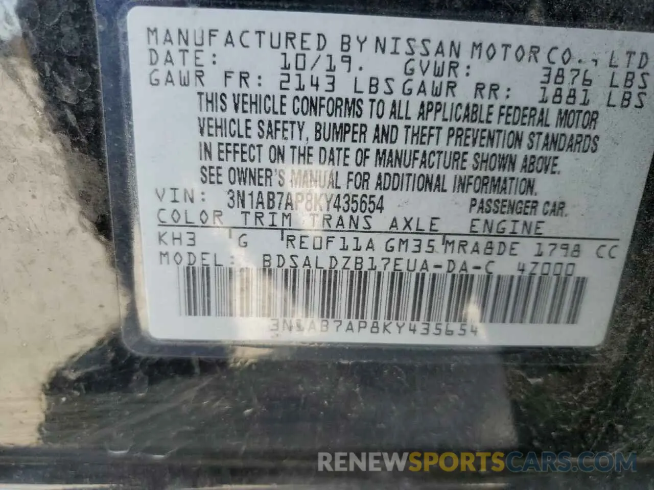 12 Photograph of a damaged car 3N1AB7AP8KY435654 NISSAN SENTRA 2019