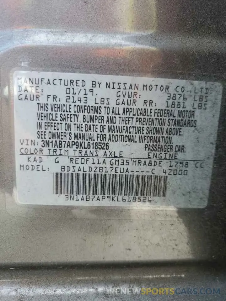 12 Photograph of a damaged car 3N1AB7AP9KL618526 NISSAN SENTRA 2019