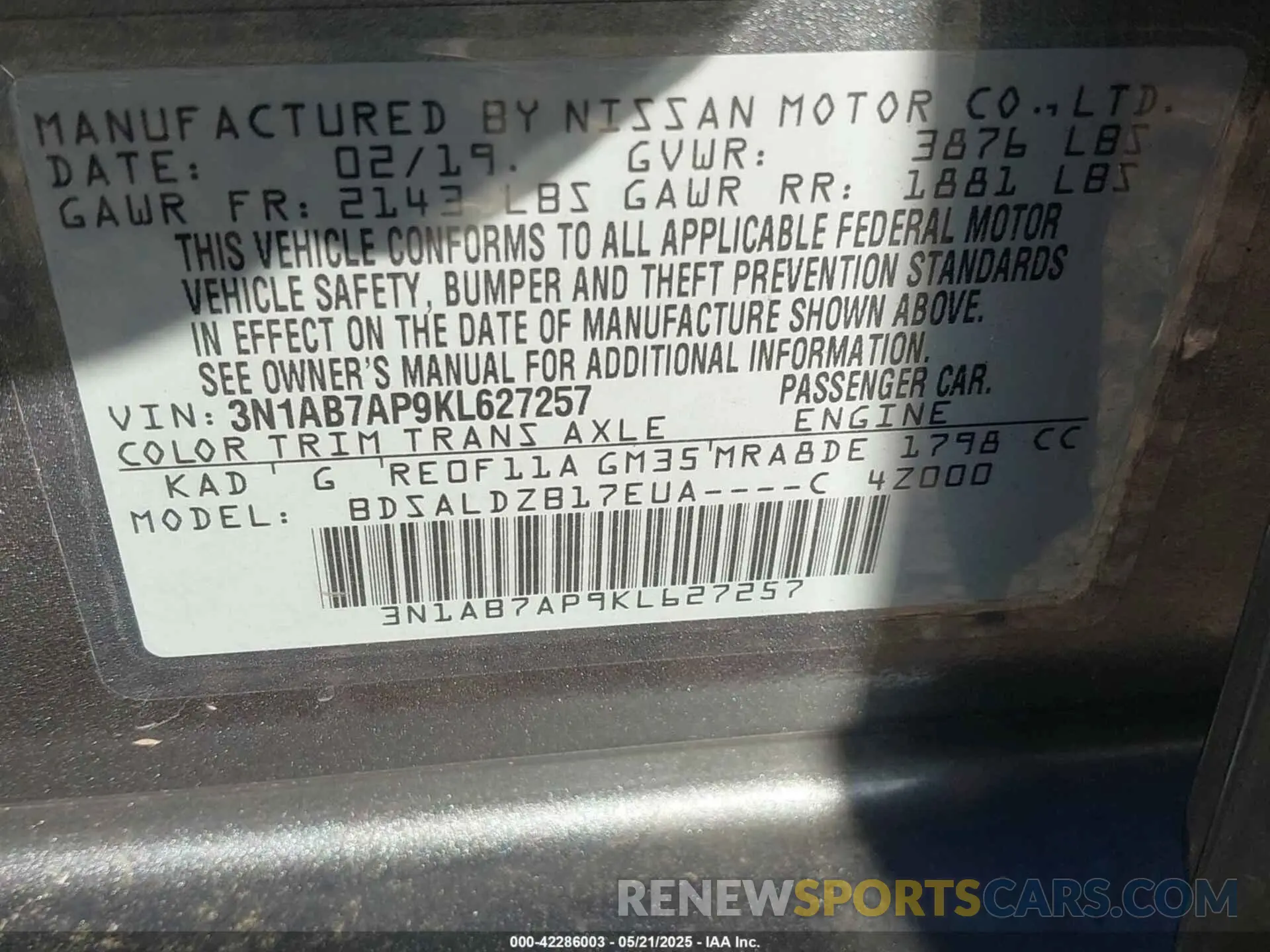 9 Photograph of a damaged car 3N1AB7AP9KL627257 NISSAN SENTRA 2019