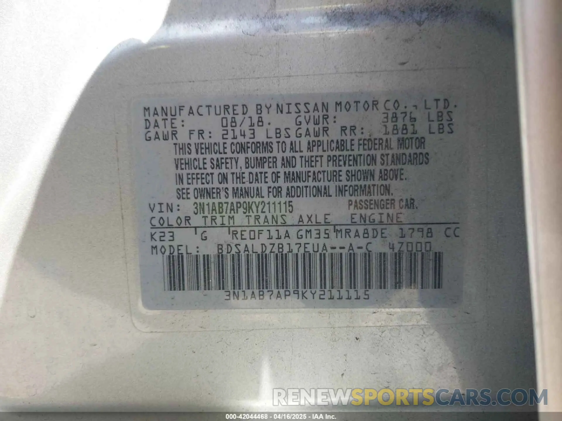 9 Photograph of a damaged car 3N1AB7AP9KY211115 NISSAN SENTRA 2019