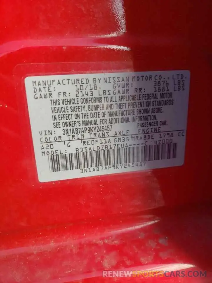 12 Photograph of a damaged car 3N1AB7AP9KY245457 NISSAN SENTRA 2019