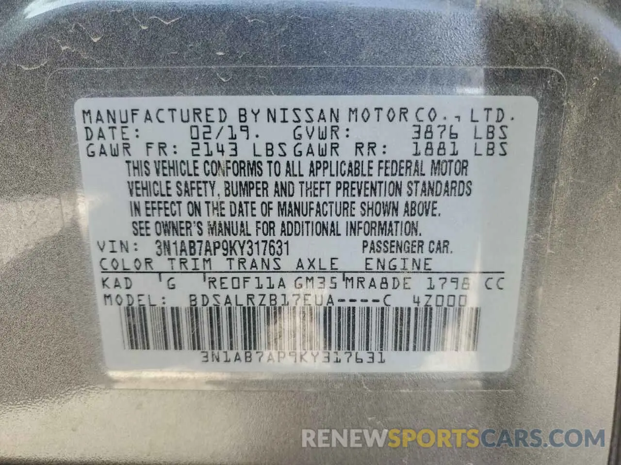 13 Photograph of a damaged car 3N1AB7AP9KY317631 NISSAN SENTRA 2019