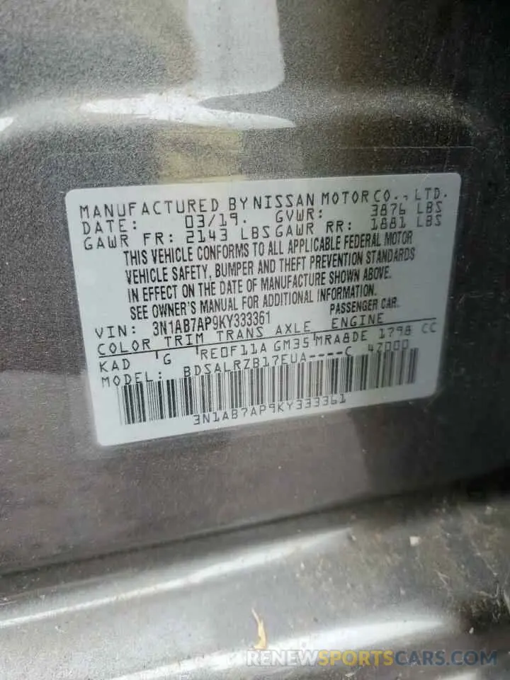 12 Photograph of a damaged car 3N1AB7AP9KY333361 NISSAN SENTRA 2019
