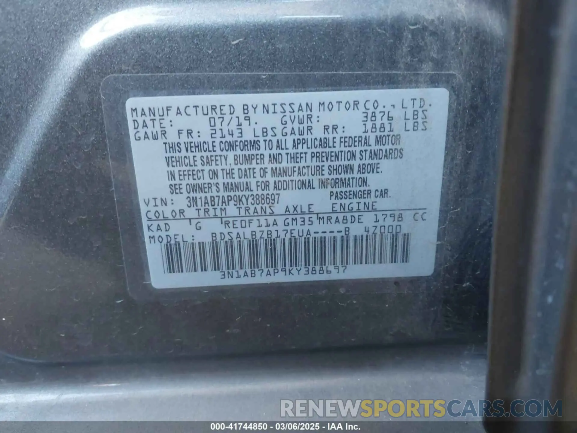 9 Photograph of a damaged car 3N1AB7AP9KY388697 NISSAN SENTRA 2019