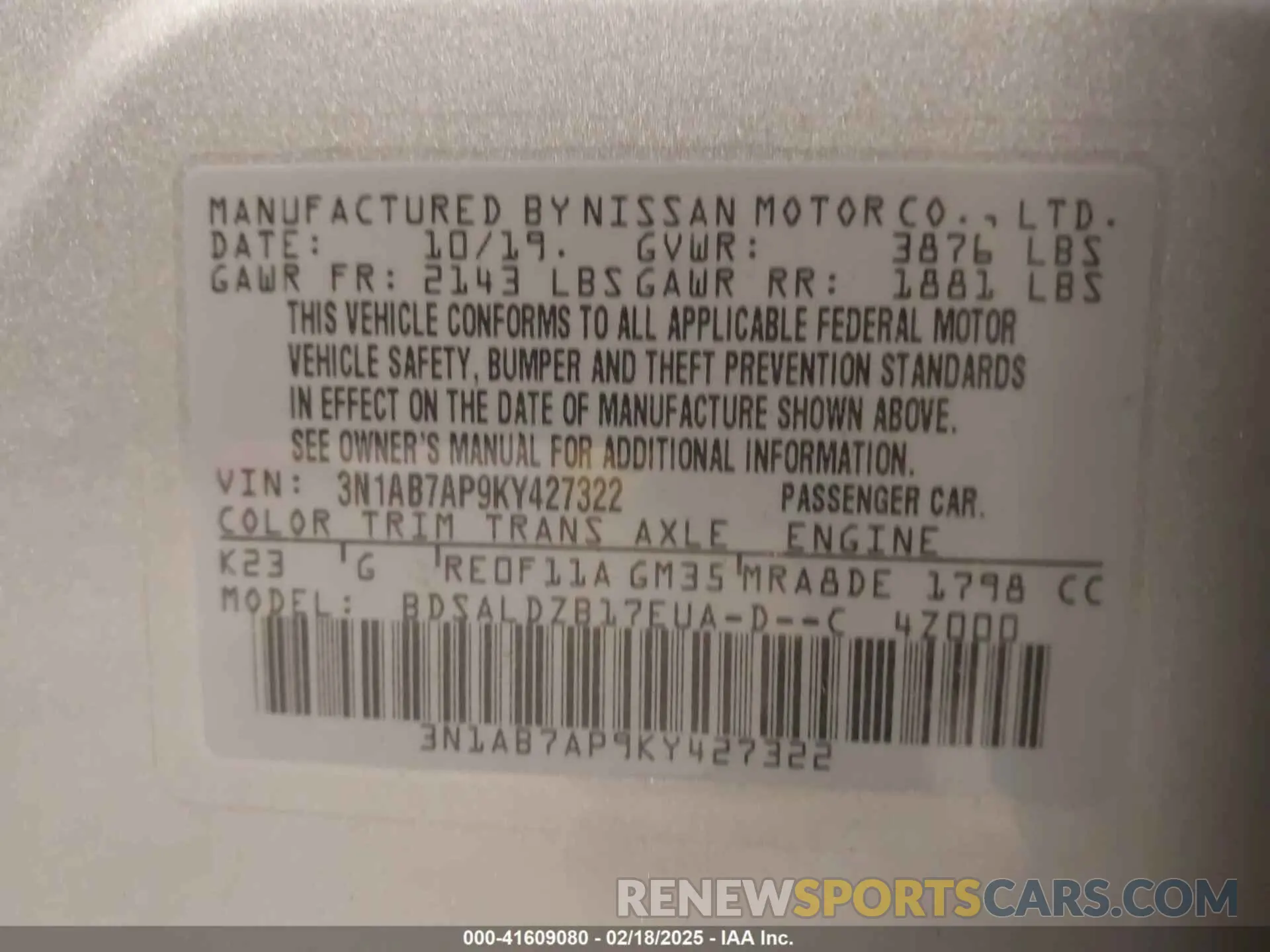 9 Photograph of a damaged car 3N1AB7AP9KY427322 NISSAN SENTRA 2019