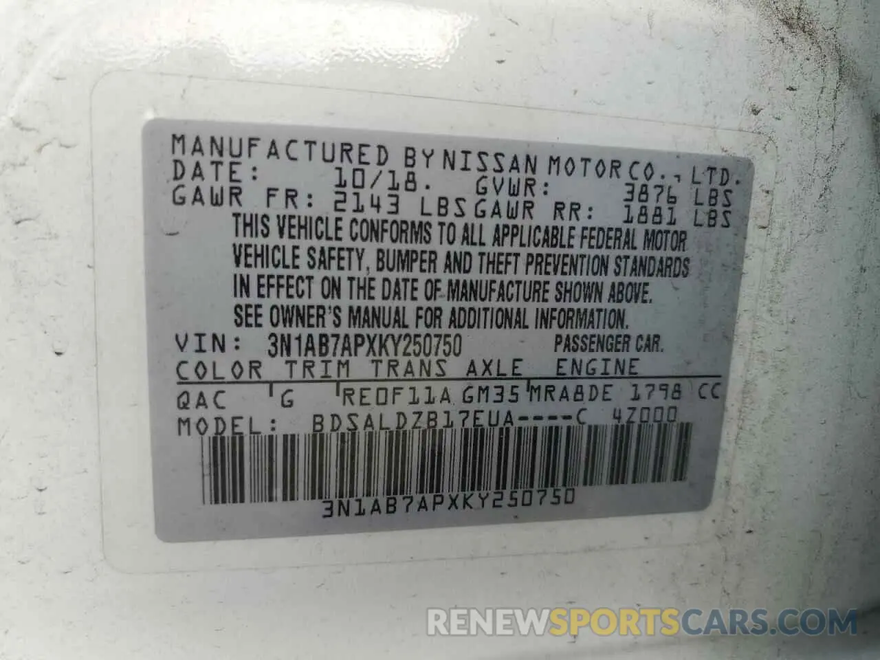 12 Photograph of a damaged car 3N1AB7APXKY250750 NISSAN SENTRA 2019