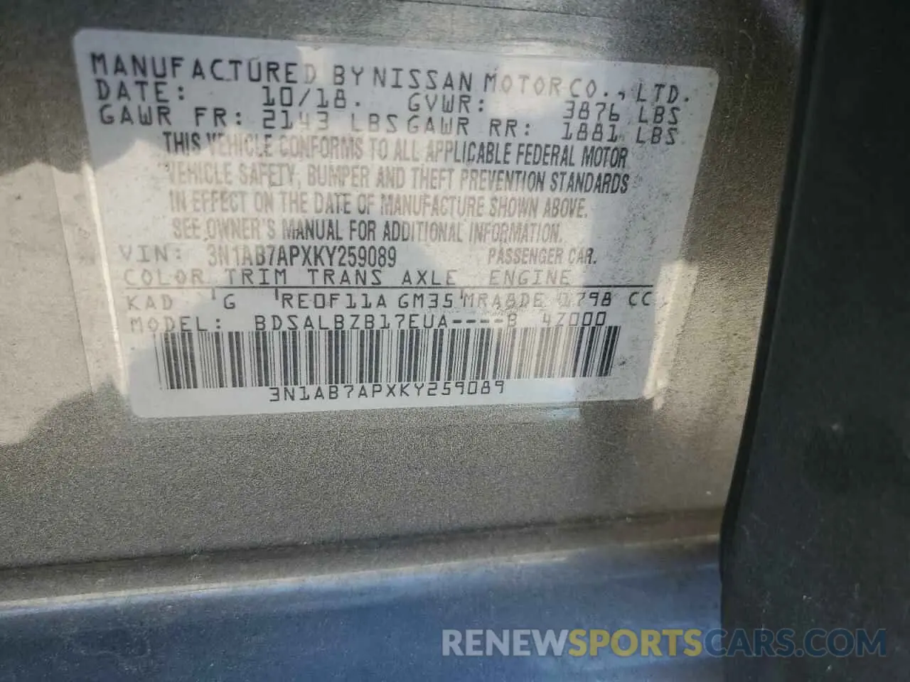 14 Photograph of a damaged car 3N1AB7APXKY259089 NISSAN SENTRA 2019