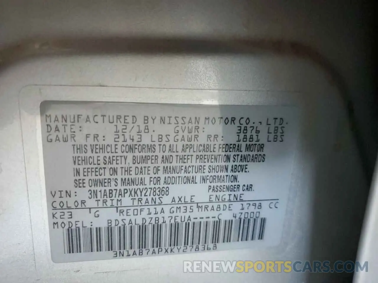 13 Photograph of a damaged car 3N1AB7APXKY278368 NISSAN SENTRA 2019