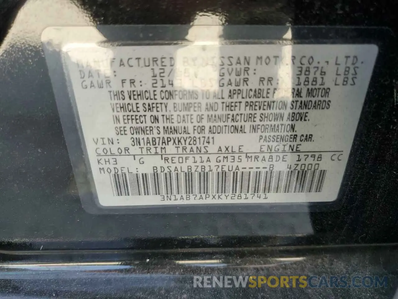 12 Photograph of a damaged car 3N1AB7APXKY281741 NISSAN SENTRA 2019