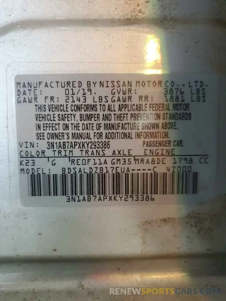 12 Photograph of a damaged car 3N1AB7APXKY293386 NISSAN SENTRA 2019